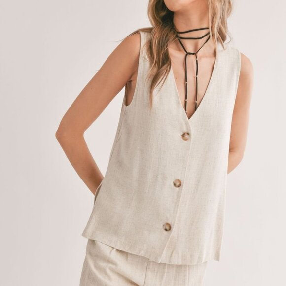 Women's Linen Blend Button Down Vest Top | Oatmeal - Picture 1 of 6